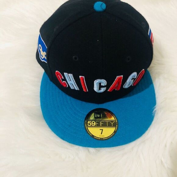 New Era 59Fifty Chicago Cubs Men's Fitted Hat Embroidered Black Blue Size‎ 7 NEW - Picture 2 of 8